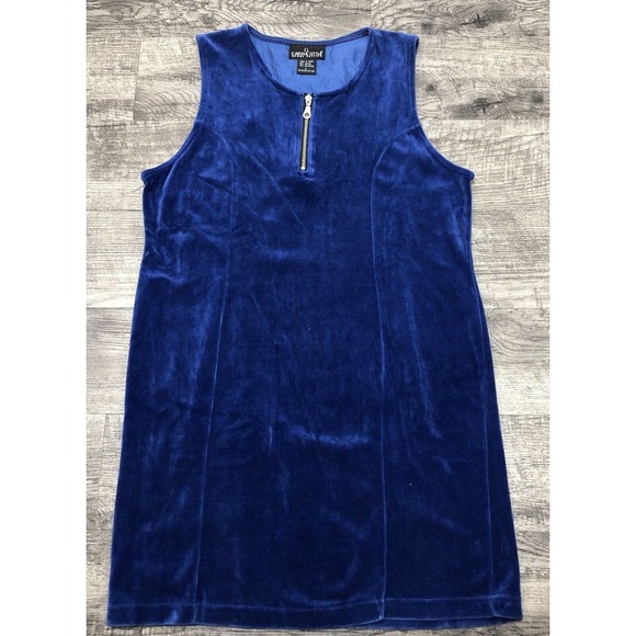 Carole Little 90s Blue Velvet Dress Sz L Midi Sleeveless Party Prom Tunic A8 - Picture 4 of 4